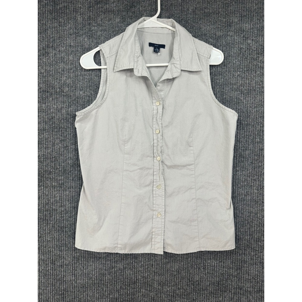 Gap Sleeveless Button Down Shirt Women L Gray White Stripe Cotton Excellent